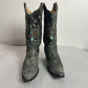 CORRAL Womens Gray Turquoise Leather Guitar Snip Toe Cowboy Boots 9.5M